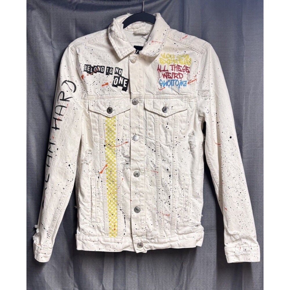 Zara Man Graffiti Paint Splatter Denim Jacket White Streetwear 80s Vibe